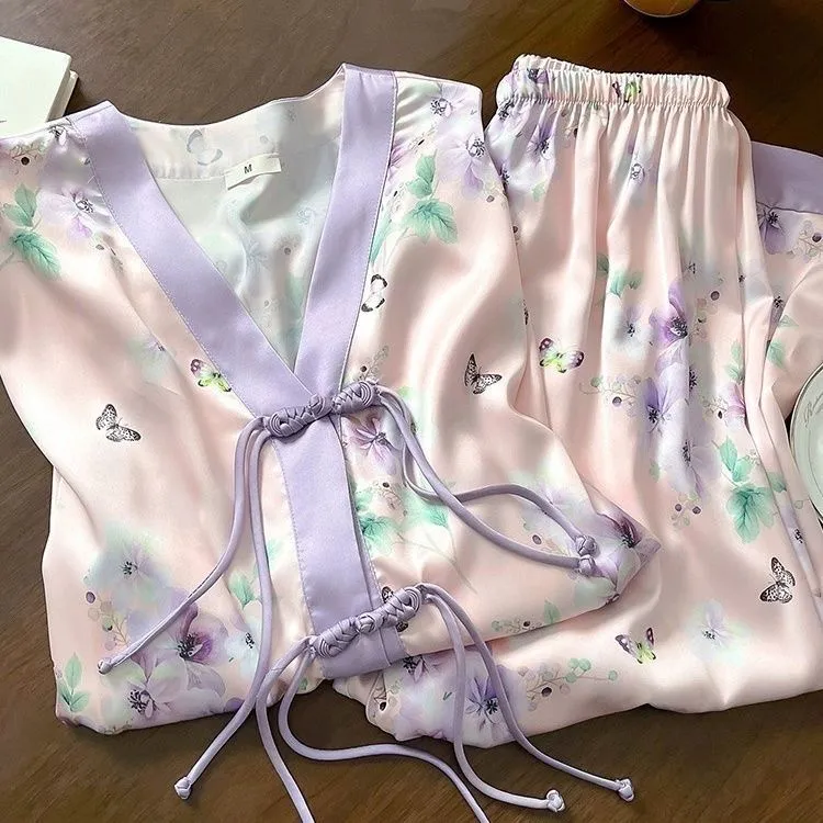 2025新款新中式国风盘扣睡衣女士春秋长袖缎面冰丝家居服套装复古