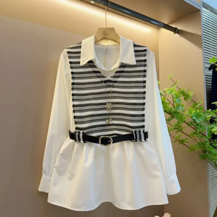 时尚翻领韩系条纹显瘦设计感减龄两件套上衣（长68左右）