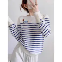 蓝色条纹卡通小狗针织衫女秋冬季2025新款内搭打底衫圆领条纹毛衣