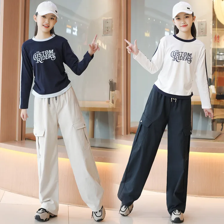女大童秋季新款2025初高中生女孩青少年休闲韩版长袖T恤工装裤