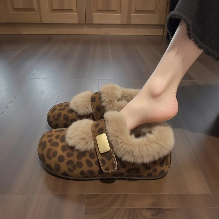【水貂绒】豹纹毛毛勃肯鞋女2025新款冬季复古内增高加绒保暖棉鞋