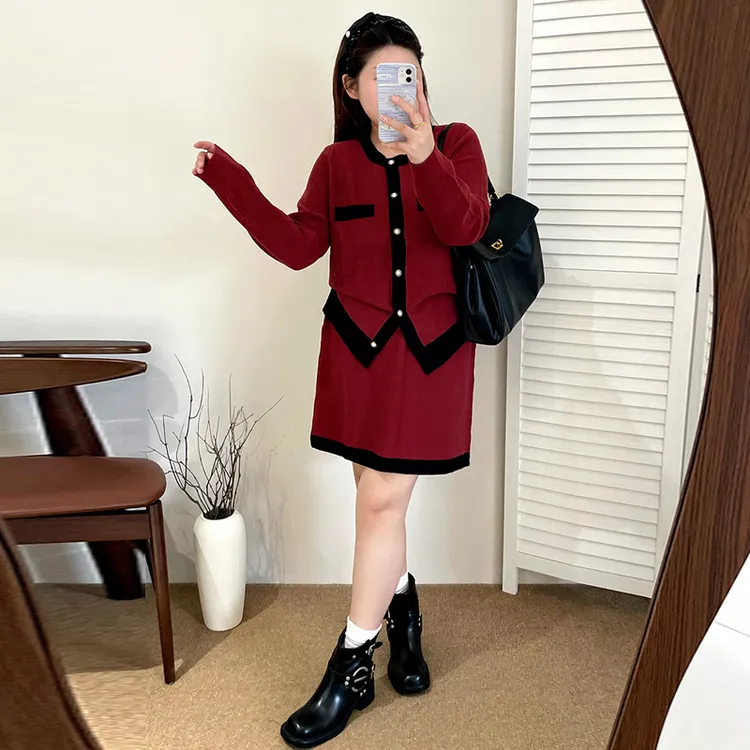 大码气质高级感小香套装2025秋胖mm撞色针织衫女半裙两件套22690