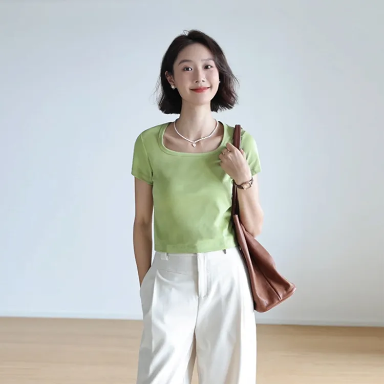方领露锁骨60支液氨纯棉U领t恤女短袖正肩打底衫体恤短款露腰上衣