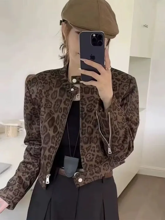 欧货秋季春秋新款复古豹纹外套女秋季短款设计感气质百搭夹克上衣