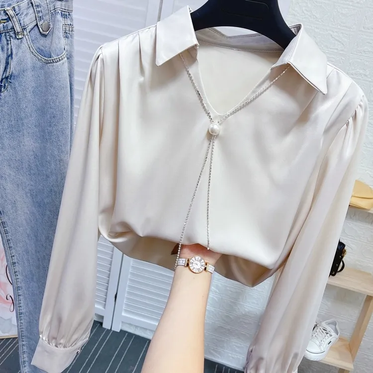 链条装饰V领醋酸缎面宽松长袖衬衫女春秋气质百搭上衣
