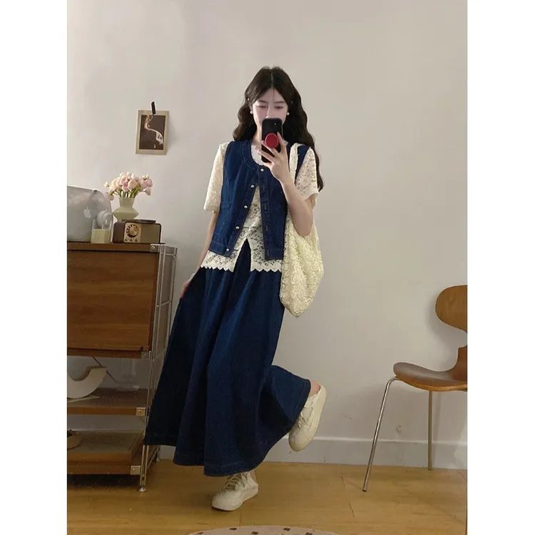 大码减龄洋气套装女夏季胖MM遮肚藏肉牛仔马甲半身裙子蕾丝三件套