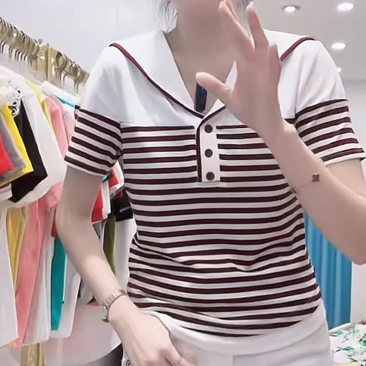 时尚法式气质减龄条纹拼接短袖T恤女2025夏季新款洋气显瘦上衣潮