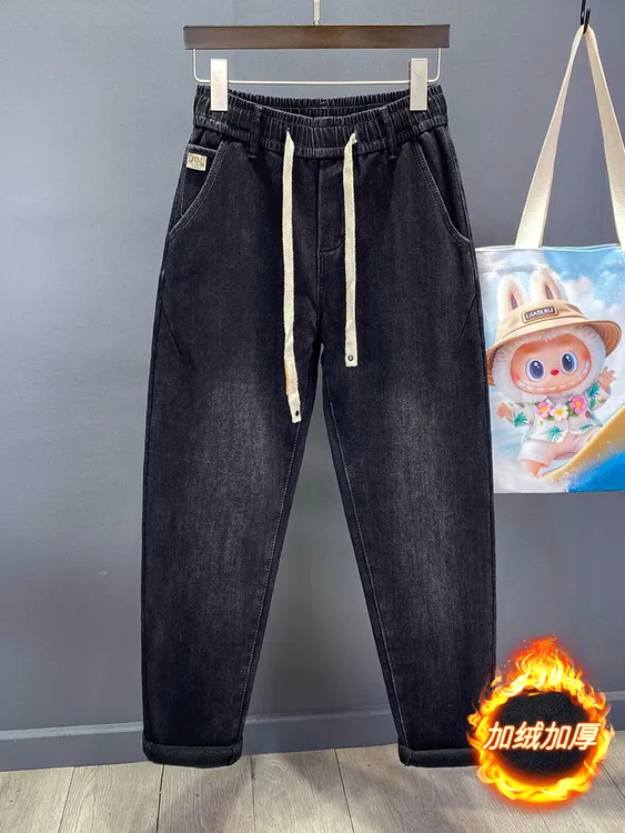 冬季新款黑色加绒加厚牛仔裤男松紧腰抽绳柔软弹力休闲百搭长裤子