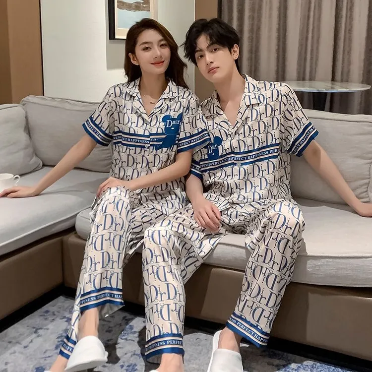 (D字母小熊)情侣三件套冰雪丝套装睡衣HTT家居服