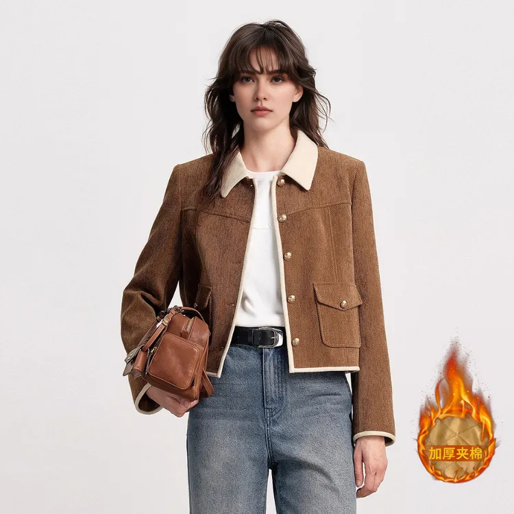 斜纹复古雪尼尔丝绒短款外套女2025秋冬季宽松休闲加棉加厚夹克