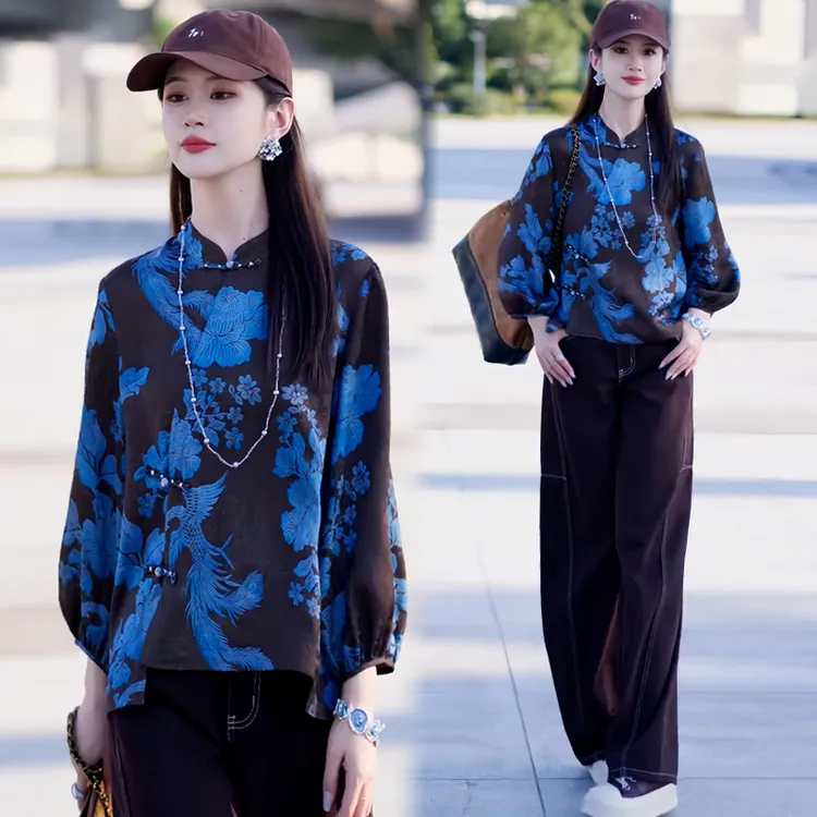 新中式复古百搭长袖上衣女2025年春秋新款松弛感百搭立领开衫衬衫