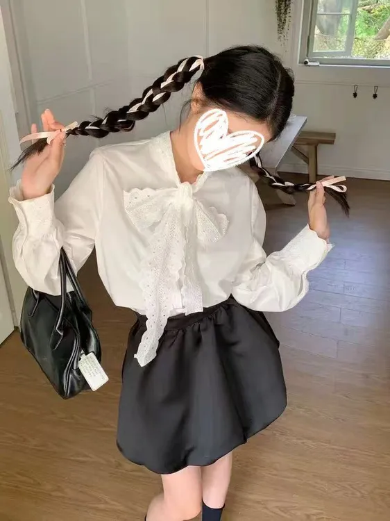 时尚套装常规秋季法式蝴蝶蝴蝶结衬衫泡泡袖半身裙两件套