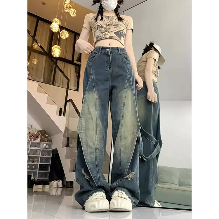 小个子复古做旧水洗拼接设计感牛仔裤女高腰宽松垂感直筒阔腿长裤