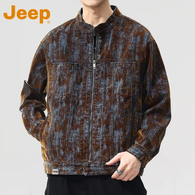 JEEP吉普植绒牛仔外套男款秋冬季潮牌痞帅宽松休闲立领工装夹克衫
