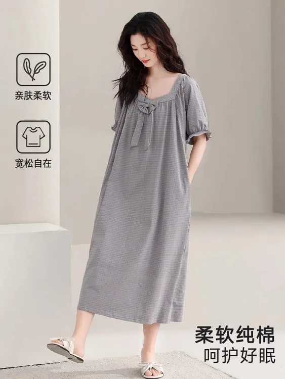 睡裙女款2025新款夏季全纯棉短袖夏天高级性感灰纹孕妇睡衣女款夏
