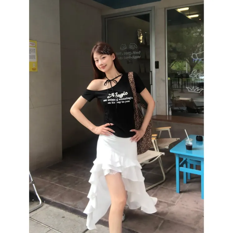 【冷咖啡半身裙】韩系木耳边蕾丝不规则拖尾半身裙252U2275-X#