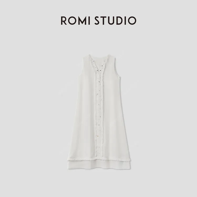 ROMI STUDIO 亚麻莱赛尔轻薄宽松V领流苏无袖连衣裙 RWCRL84336