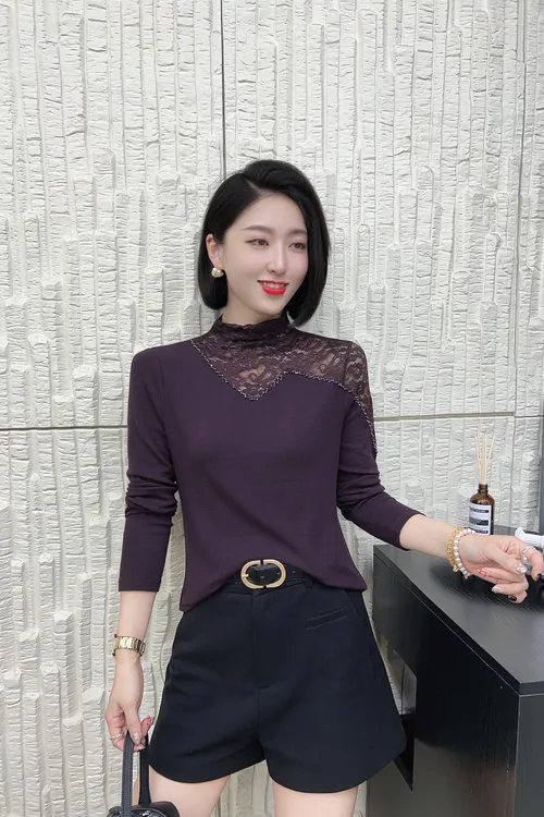 9825秋季新品时尚女神钉珠漏洞百搭显瘦拼接设计感女士长袖上衣