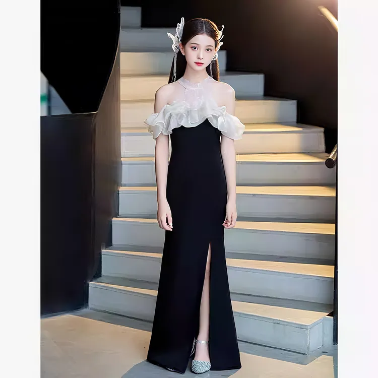 黑色女童礼服钢琴考级小提琴演奏长款儿童演出服气质主持人礼服