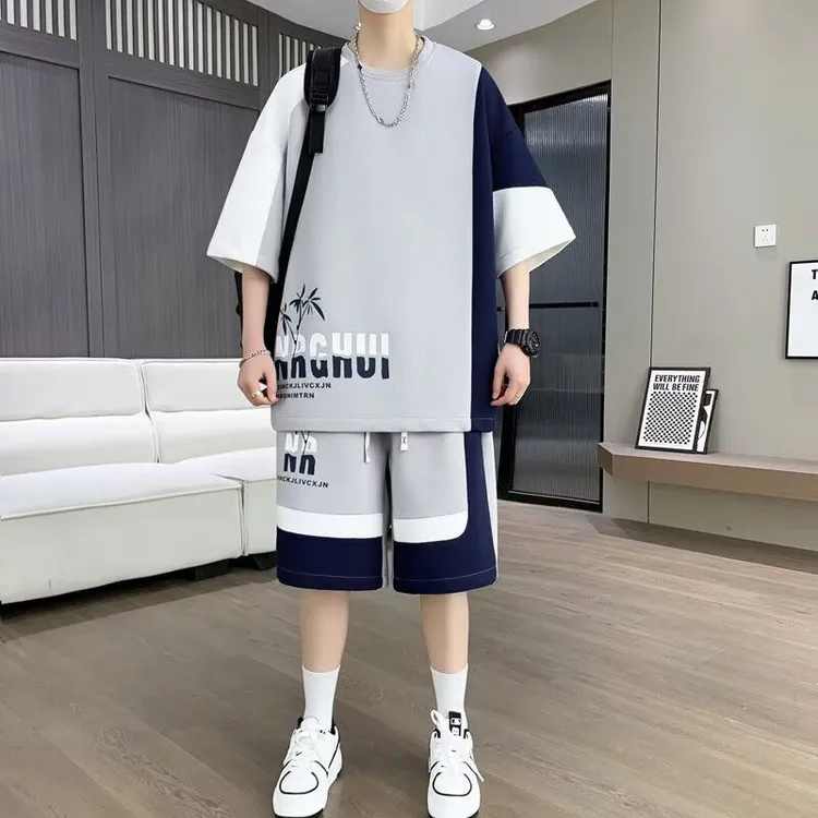 新款冰丝运动服套装男夏季短袖恤篮球衣男士短裤两件套韩版潮流