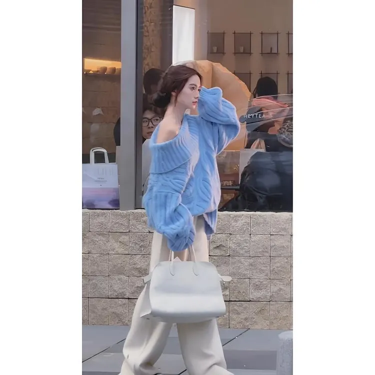 MARIE.COCO韩系衬衫蓝色针织斜肩毛衫搭纯欲风宽松阔腿裤秋冬套装