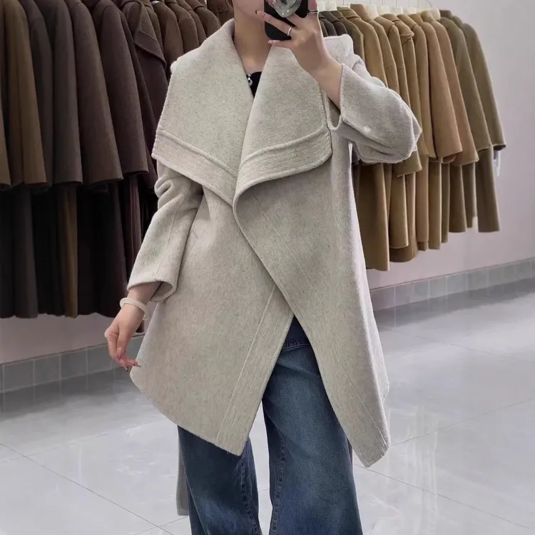 压线大翻领垫肩系带收腰双面羊毛大衣 加厚中长款保暖羊毛呢现货