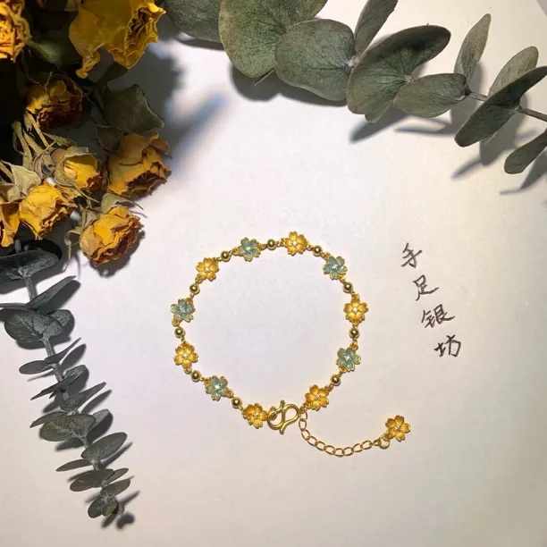 足银珐琅手链 足银9999微镶珐琅花手链小众ins金色送闺蜜礼物精致