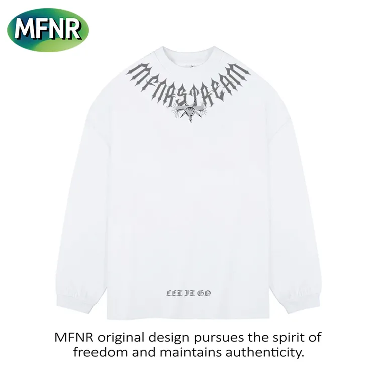 美式高街oversize领口印花长袖T恤男女情侣百搭小众纯棉秋季上衣