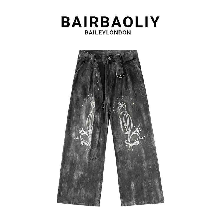 BAIRBAOLIY重工艺刺绣扎染烫钻牛仔裤男潮牌设计感小众复古直筒裤