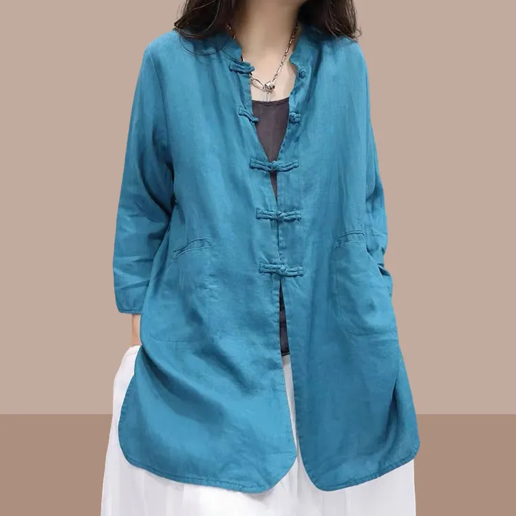 秋冬季新款复古亚麻盘扣禅意茶服宽松休闲文艺纯色百搭九分袖外套