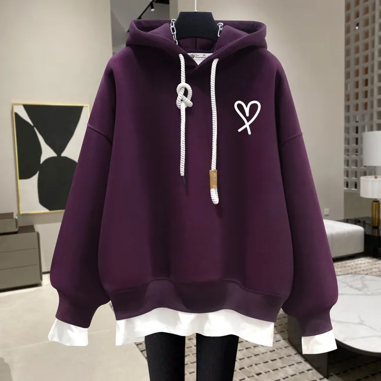 欧货大版爱心紫色假两件连帽卫衣女加绒2025春秋冬薄款遮屁股外套