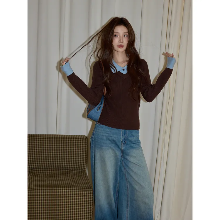 秋冬棕色正肩内搭修身套头毛衣女polo领假两件打底针织衫长袖上衣