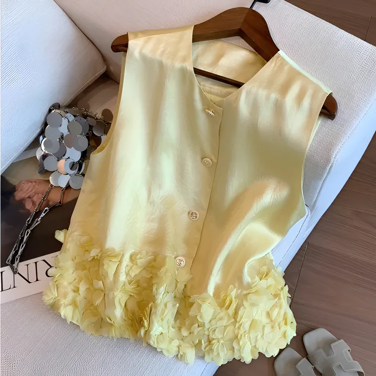黄色小香风醋酸缎面无袖上衣新款设计气质下摆知性风衣服立体马甲
