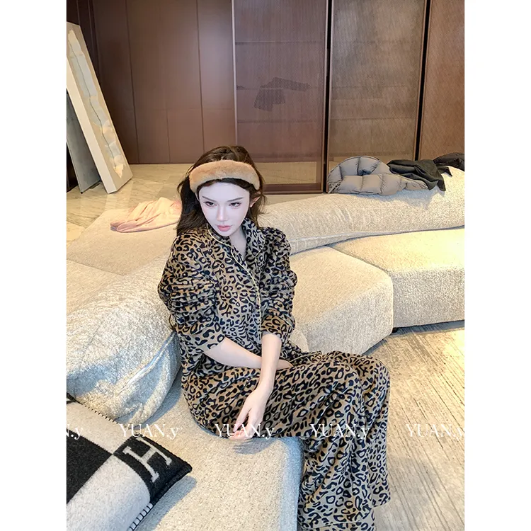 媛媛【浅琥珀】秋季新款豹纹休闲居家洋气时尚睡衣套装女#TZ0795