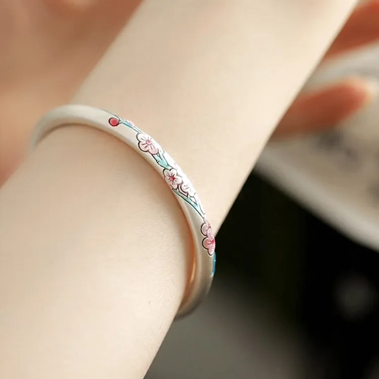 S999足银手镯砂旧珐琅桃花圆棍开口手镯国风新中式民族风