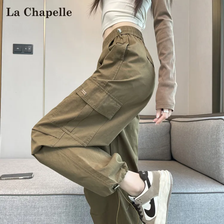 拉夏贝尔洗水棉美式工装裤女秋季2025新款高腰宽松束脚运动阔腿裤