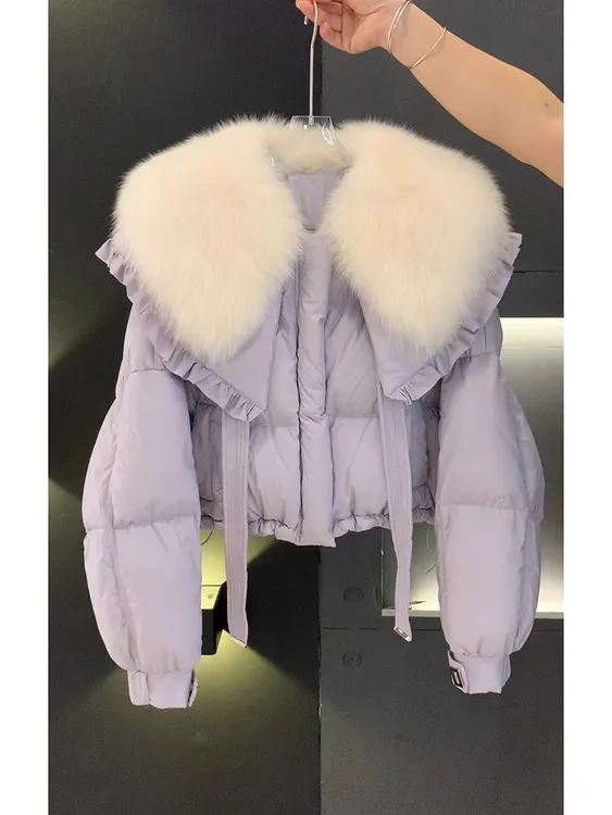 小香风洋气大毛领短款棉衣2025冬季减龄高级感紫色甜美棉服外套女