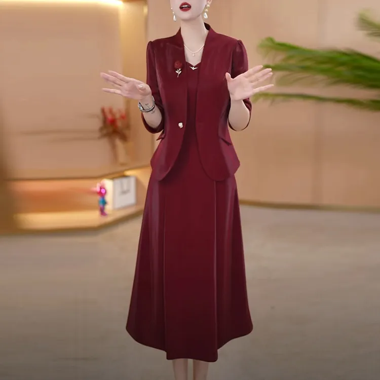 琉璃精纺轻奢名媛套装裙2025秋季新款洋气质酒红色两件套连衣裙子