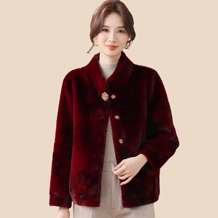 妈妈冬装毛毛外套新款中年女士皮毛一体貂绒衣中老年立领高贵上衣