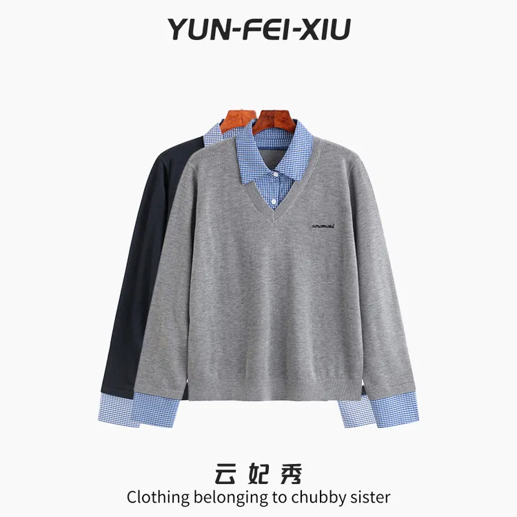 云妃秀大码女装卫衣时尚休闲胖妹妹显瘦宽松假两件翻领秋23161