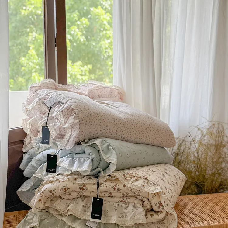 2025新款拼接全棉小清新花边床盖三件套+双面全棉花边被子