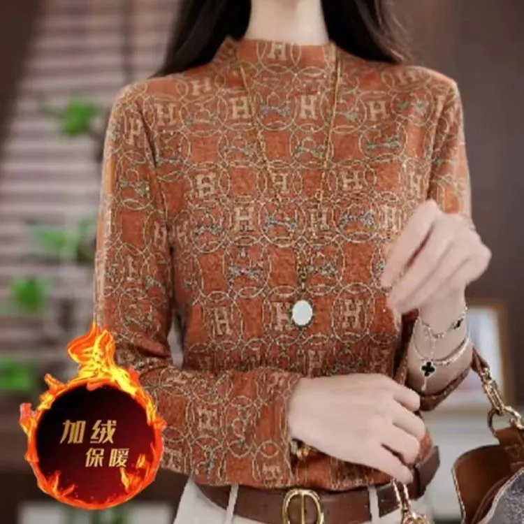 半高领德绒上衣女长袖t恤春秋冬新款洋气时髦妈妈内搭加绒打底衫