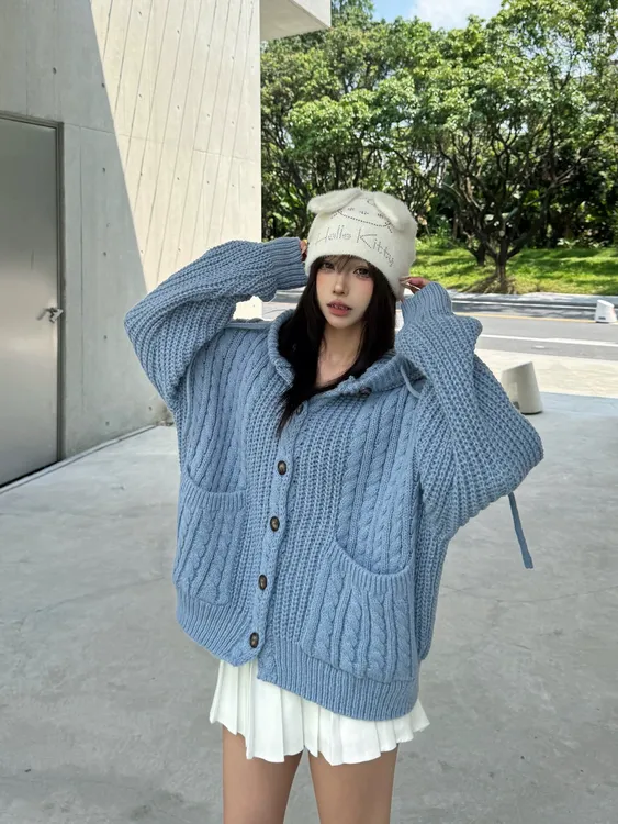 美式复古慵懒风秋冬连帽开衫毛衣外套女设计感宽松针织上衣