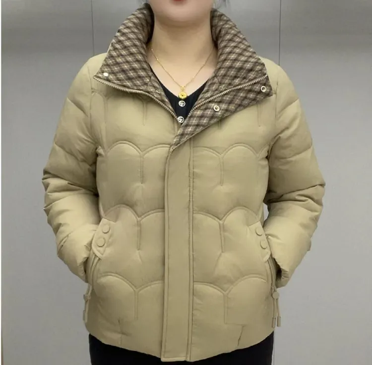 新款格子领保暖拼接棉服外套