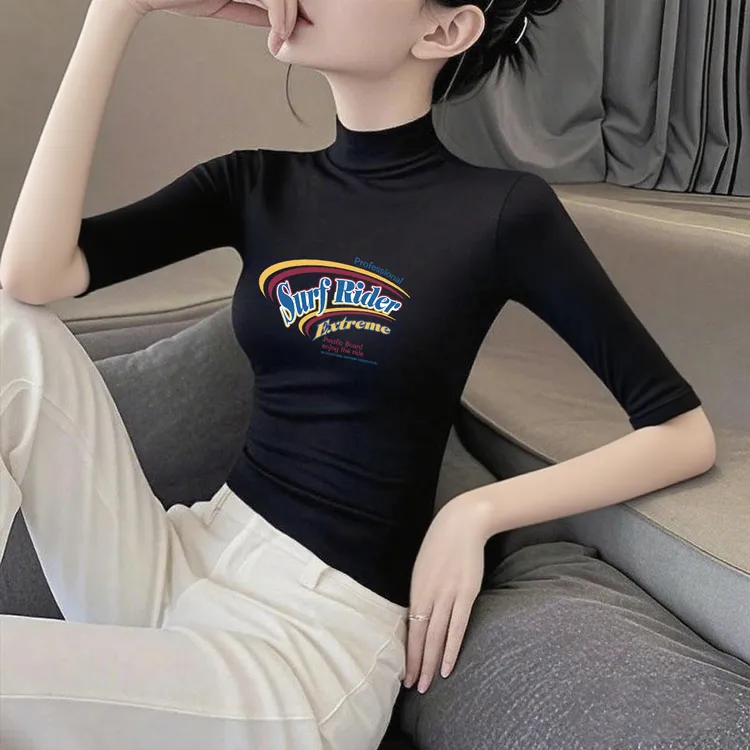莫代尔半高领中袖修身显瘦弹力t恤女印花春秋季正肩设计感小众薄