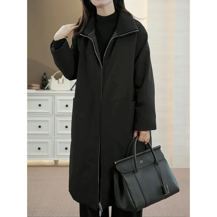 时尚高端随性休闲减龄棉服2026冬季新款针织翻领百搭中长款外套