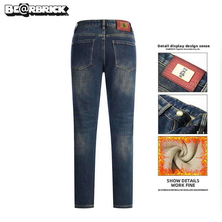 积木熊Be@rbrick【明星同款】尊贵蓝男士牛仔裤秋冬季加绒保暖裤子