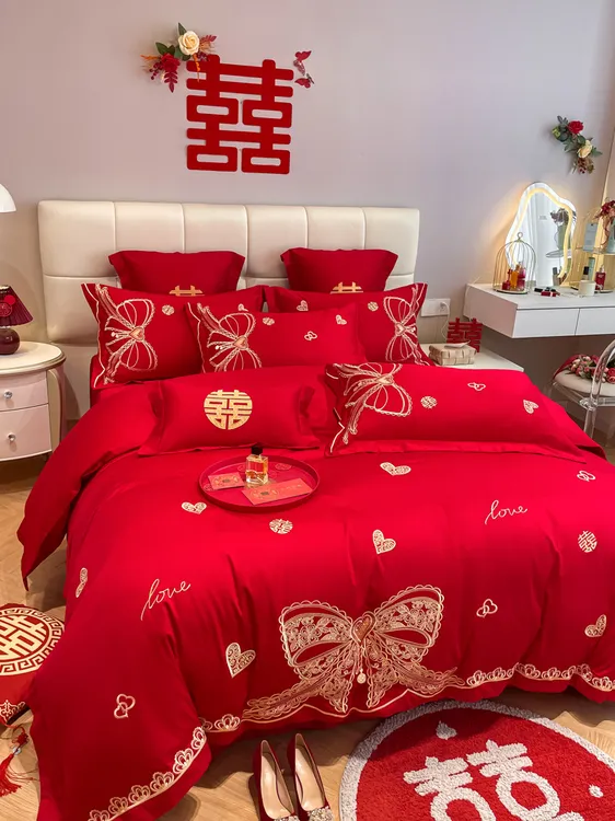 水星高端中式全棉刺绣婚庆四件套大结婚四件套床上用品高端纯棉