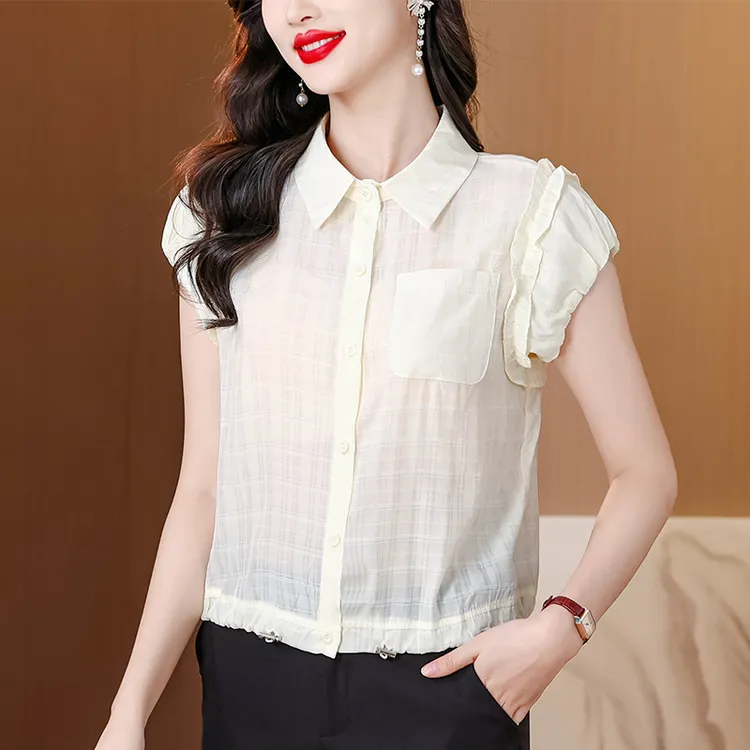 木耳边花苞袖polo领衬衫女2025夏季新款宽松休闲衬衣减龄雪纺上衣