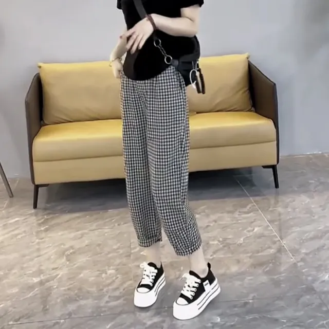 黑白格子休闲萝卜裤女夏薄款145七分哈伦梨形显瘦150小个子裤